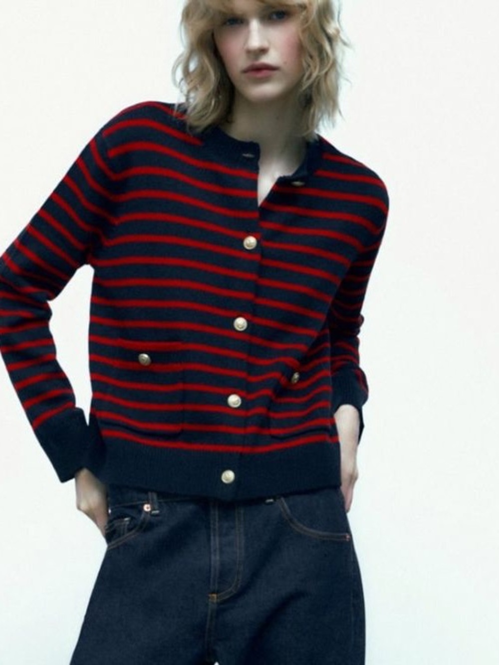 Zara Navy and Red Striped Button-Up Cardigan